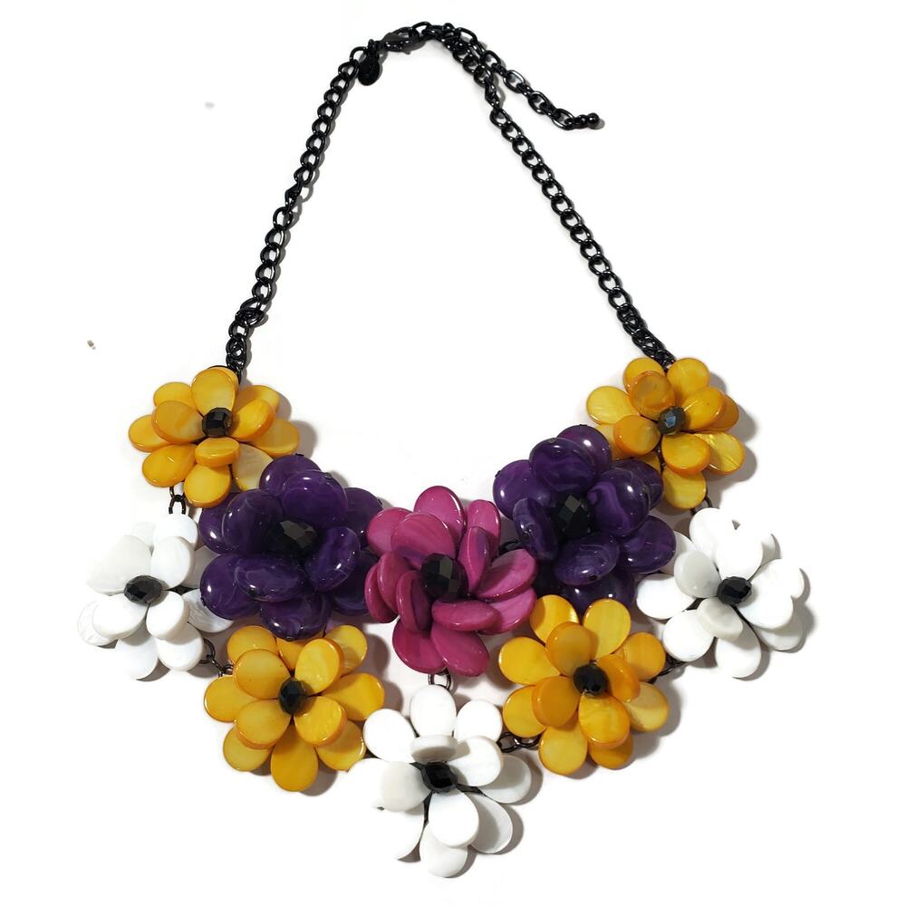 Joan Rivers Acrylic Purple Pink Yellow & White Beaded Flower Necklace With Box